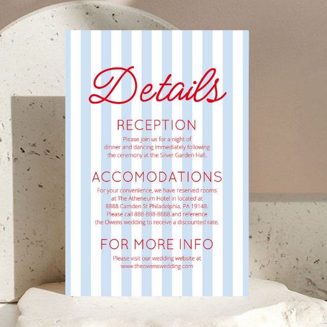 Modern Coastal Red Blue Stripes Wedding Details Begleitkarte (Von Creator hochgeladen)