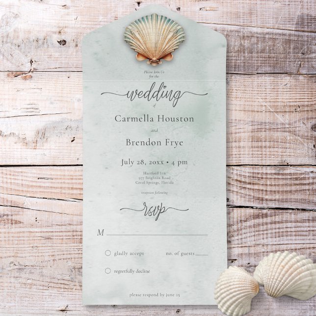 Modern Coastal Seashell Aqua Ticino All In One Einladung (Modern Coastal Seashell Aqua Watercolor No Dinner All In One Invitation)