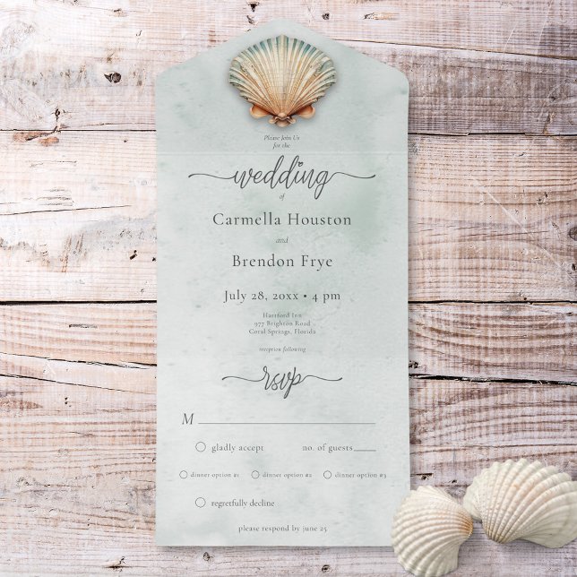 Modern Coastal Seashell Aqua Ticino All In One Einladung (Modern Coastal Seashell Aqua Watercolor Dinner All In One Invitation)