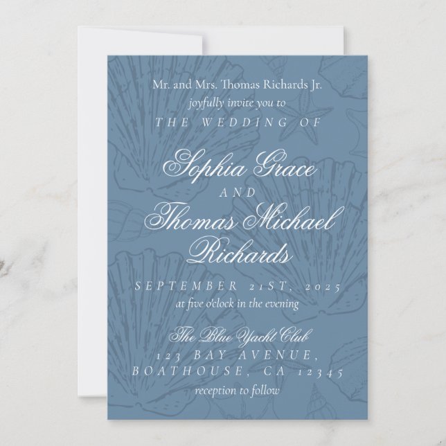 Modern Coastal Shell Sketch Wedding Invitation Einladung (Vorderseite)