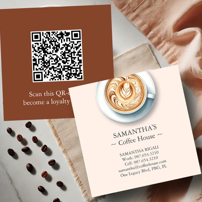 Modern Coffee Shop Beruflich Visitenkarten Quadratische Visitenkarte (business cards with qr-code for a coffee shop features an illustration of a latte)