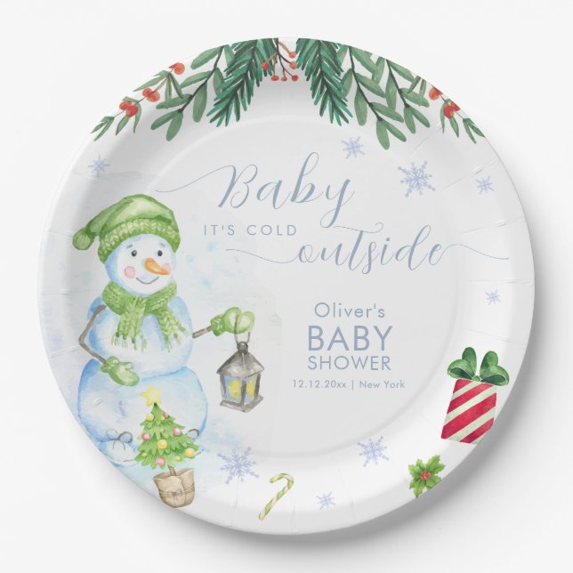Modern Cold Outside Floral Snowman Baby Shower  Pappteller (Vorderseite)
