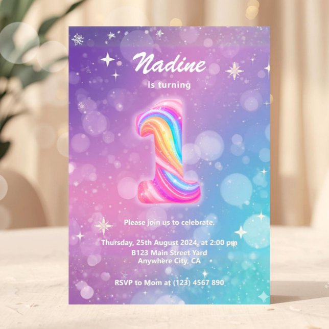 Modern Colorful 1st Birthday Rainbow Foil Einladung (1st Birthday Invitation, Girl Pink Pastel, First Birthday, Number 1, Party Invite, Pink Purple Glitt)
