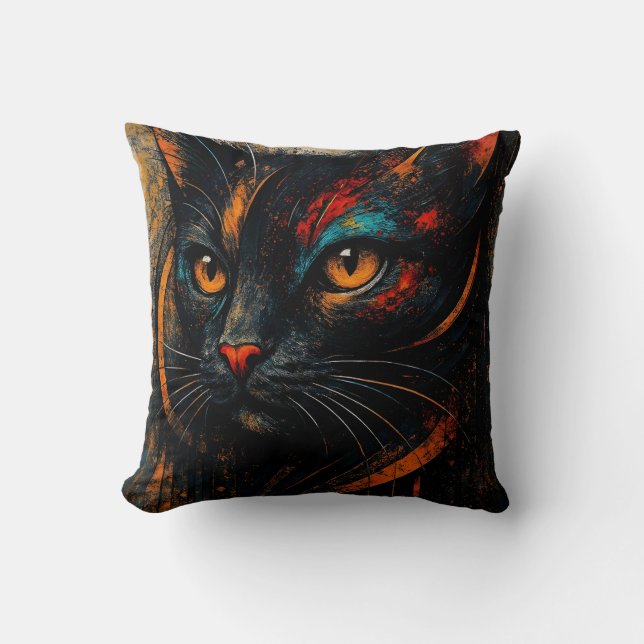 Modern Colorful Black Cat Art Cushion Kissen (Vorderseite)