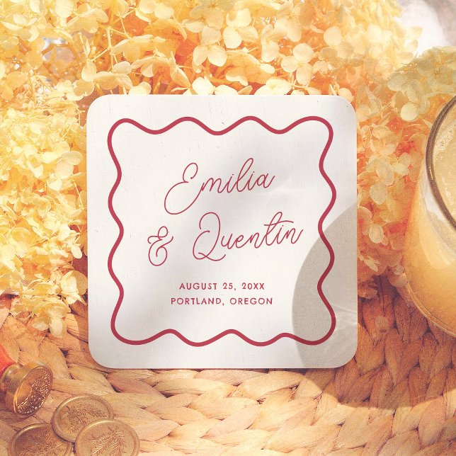 Modern Colorful Bold Wavy Frame Retro Wedding Rechteckiger Pappuntersetzer (Von Creator hochgeladen)