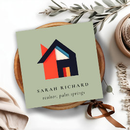 Modern Colorful House Logo Realtor Green Grey Red Quadratische Visitenkarte