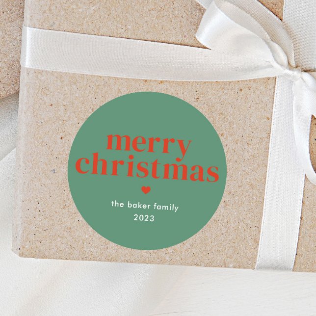 Modern Colorful Merry Christmas Runder Aufkleber (Green and Red Merry Christmas Holiday Gift Tags)