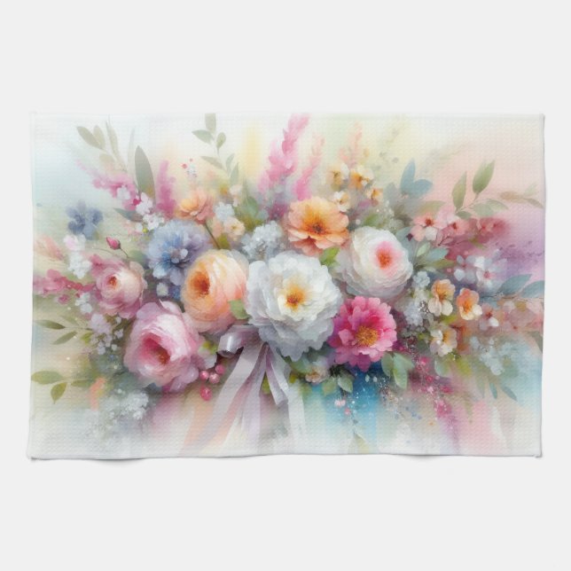 Modern Colorful Watercolor Flowers Trendy Stylish Geschirrtuch (Horizontal)