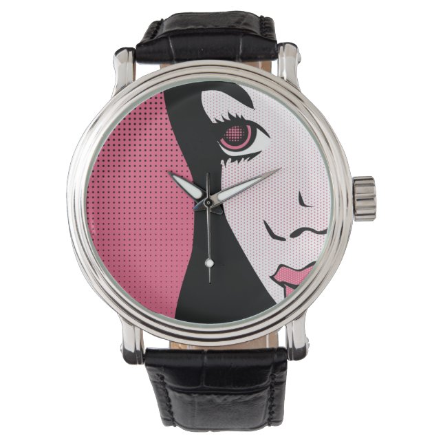 Modern Comic Book Pop Art of Woman's Face Armbanduhr (Vorderseite)