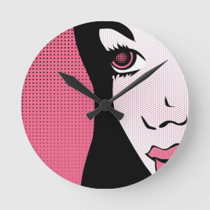 Modern Comic Book Pop Art of Woman's Face Runde Wanduhr