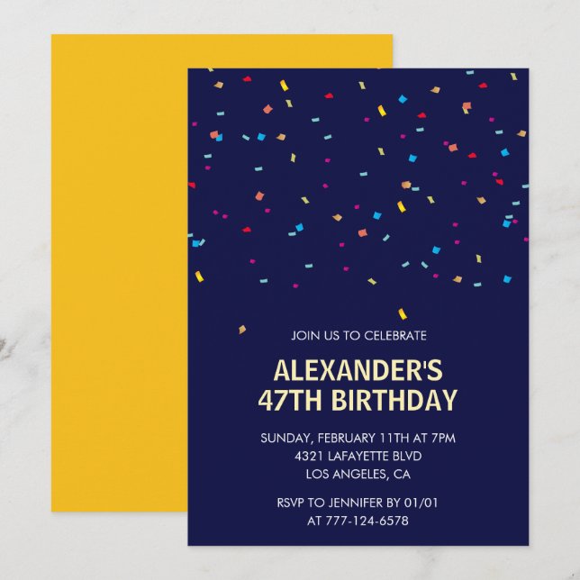 Modern Confetti Navy Men 47. Geburtstag Einladung (Vorne/Hinten)