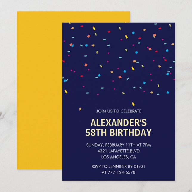 Modern Confetti Navy Men 58. Geburtstag Einladung (Vorne/Hinten)