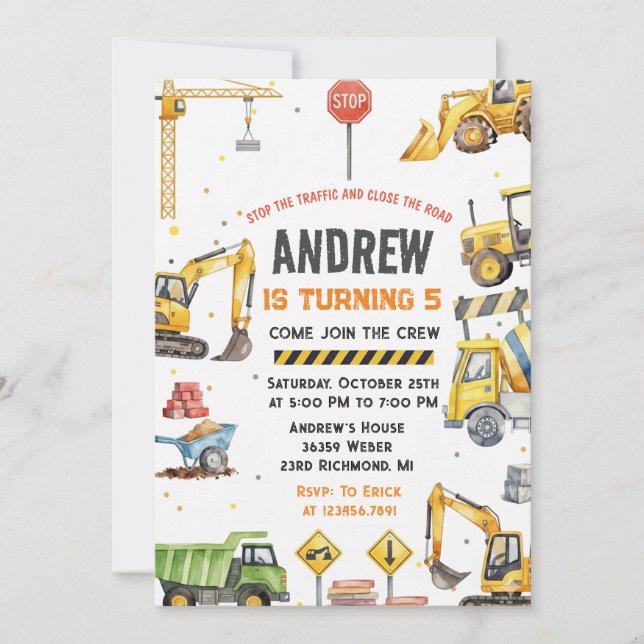 Modern Construction Birthday Party custom image Einladung (Vorderseite)