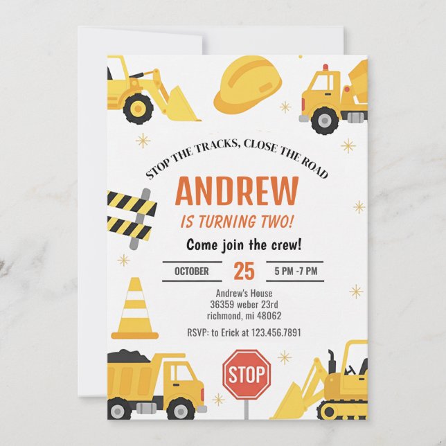Modern Construction Birthday party Invitation boy Einladung (Vorderseite)