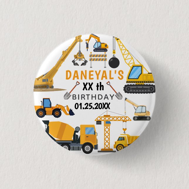 Modern Construction Simple Kid's Birthday Button (Vorderseite)