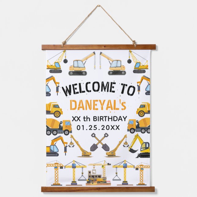 Modern Construction Simple Kid's Birthday Wandteppich Mit Holzrahmen (Vorderseite)