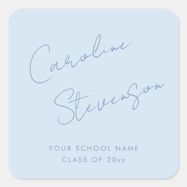 Modern Cool Blue Script Personalized Graduation Quadratischer Aufkleber (Vorderseite)