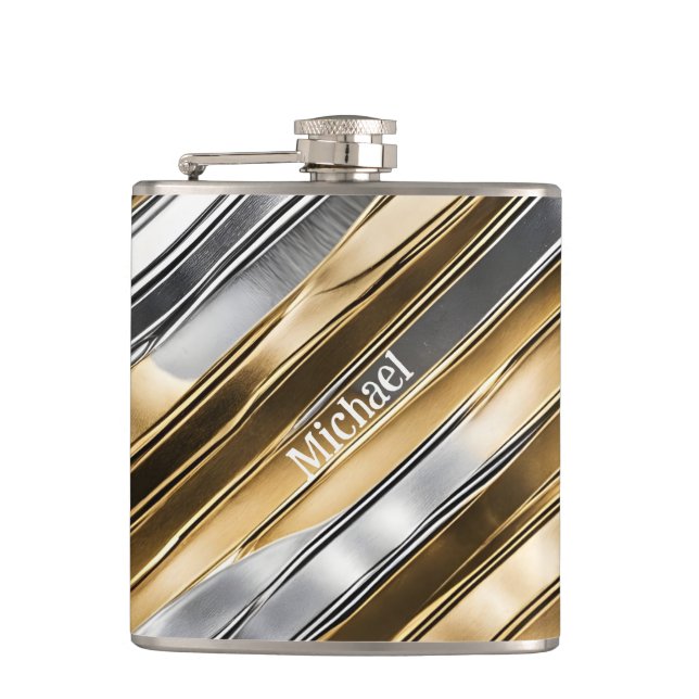Modern, cool, chic, silbernes und goldenes Streife Flachmann (Vorderseite)