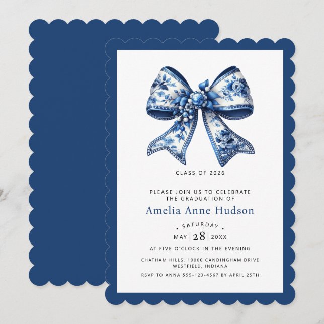 Modern Coquette Blue Floral Bow Graduation Party Einladung (Vorne/Hinten)
