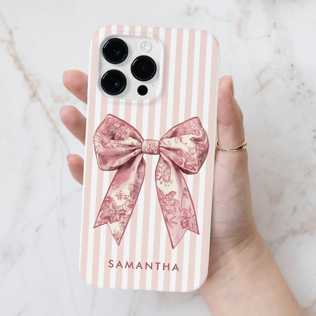Modern Coquette Pink Stripes Girl Bow Individuelle Case-Mate iPhone Hülle (Modern Coquette Pink Stripes Girly Bow Custom Name Case-Mate iPhone Case)