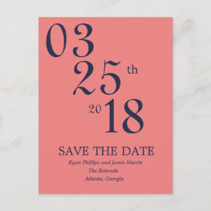 Modern Coral and Navy Save the Date Post Card Ankündigungspostkarte