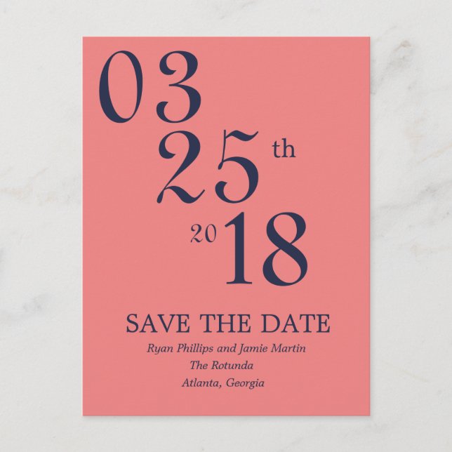 Modern Coral and Navy Save the Date Post Card Ankündigungspostkarte (Vorderseite)