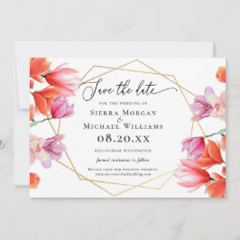 Modern Coral Floral Gold Geometric Save the Date