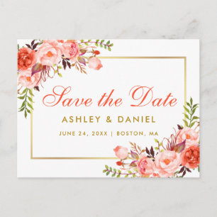 Modern Coral Floral Gold Save the Date Ankündigungspostkarte