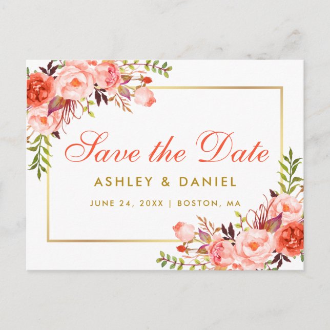 Modern Coral Floral Gold Save the Date Ankündigungspostkarte (Vorderseite)