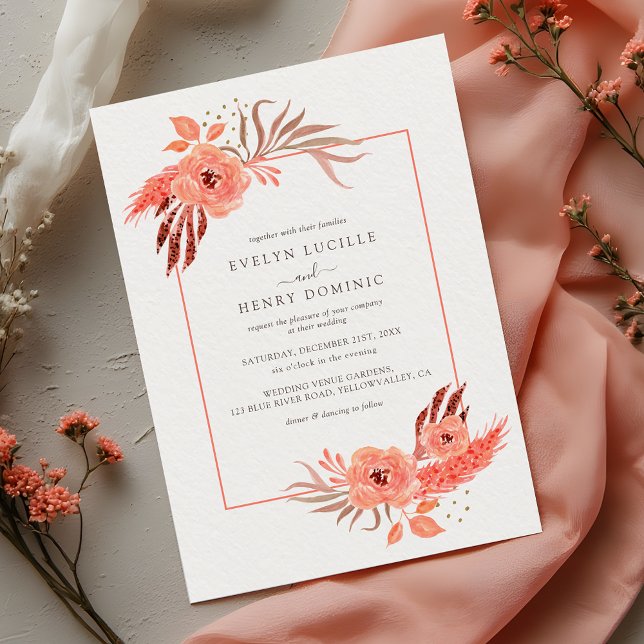 Modern Coral Orange Floral Terracotta Wedding Einladung (Von Creator hochgeladen)