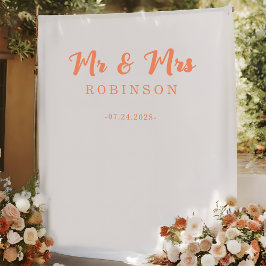 Modern Coral Orange Mr and Mrs Wedding Backdrop Wandteppich