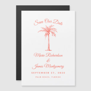 Modern Coral Palm Tree Beach Hochzeit Save the Dat Magneteinladung