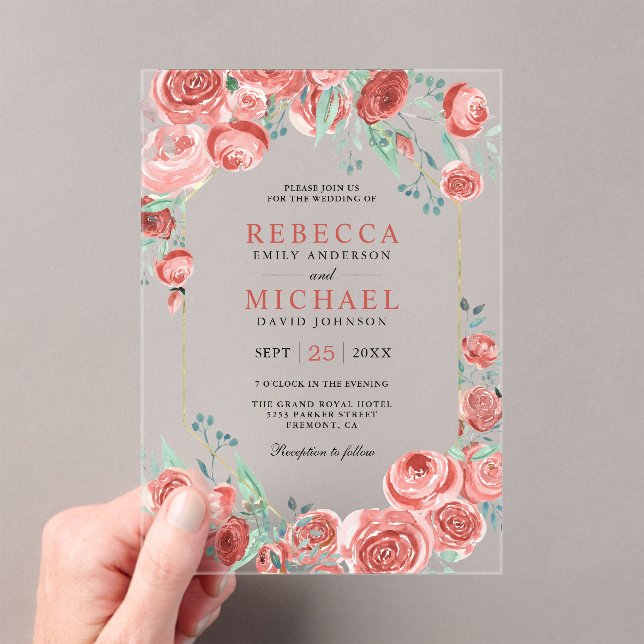 Modern Coral Pink Roses Floral Wedding Acryleinladungen (Insitu (Handheld))
