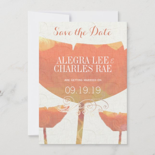 Modern Coral Poppy Wedding Save the Date Einladung (Vorderseite)