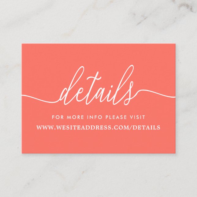Modern Coral & White Einfache Skriptdetails Begleitkarte (Vorderseite)