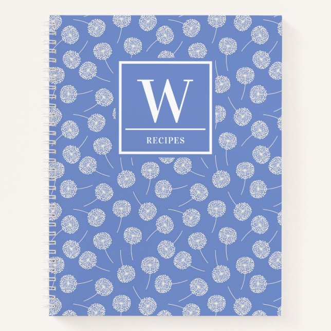 Modern Cornflower Blue Dandelion Monogram Rezept Notizbuch (Vorderseite)