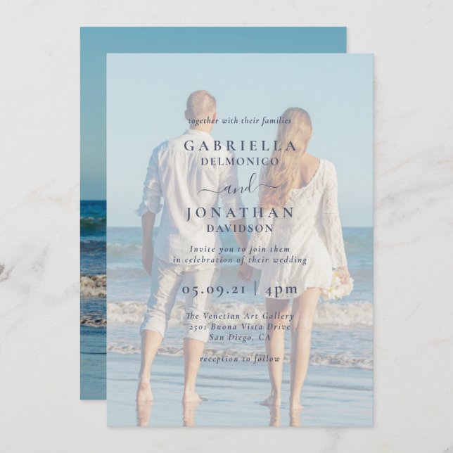 Modern Couple Foto White Overlay Wedding Einladung (Vorne/Hinten)