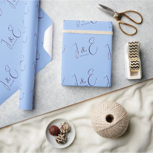 Modern Couple Initial Monogram & Date Baby Blue Geschenkpapier