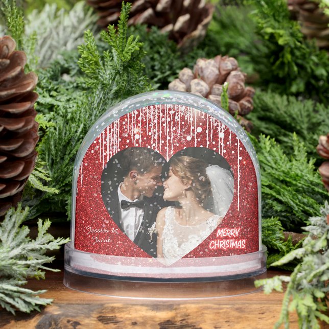 Modern Couples Photo, Red Merry Christmas Heart  Schneekugeln (Winter)