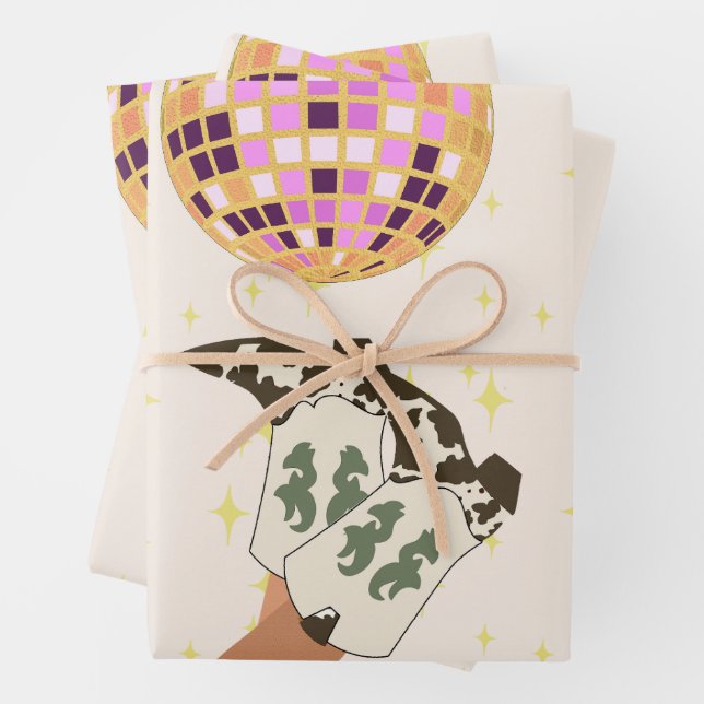 Modern Cowgirl Cowboy Disco Ball Beige Geschenkpapier Set (Beispiel)