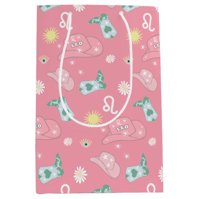 Modern Cowgirl Leo Zodiac Pattern Boho Pink Mittlere Geschenktüte (Vorderseite)