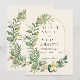 Modern Cream Gold Greenery Botanische Hochzeit Einladung
