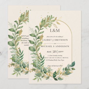 Modern Cream Gold Greenery Botanische Hochzeit Einladung