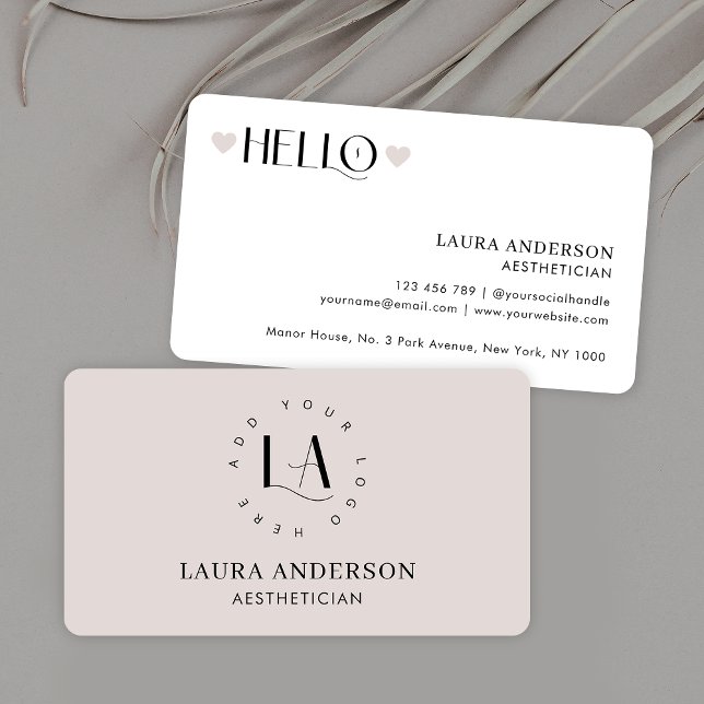 Modern Cream Neutral Ästhetiker Elegantes Logo Visitenkarte (Minimal cream & business cards with trendy serif fonts and fully editable colors & contact details)
