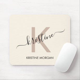 Modern Creme-Beige-Script-Monogrammname Mousepad