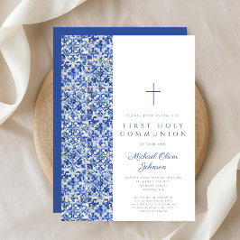 Modern Cross Blue Tiles Boy First Communation Einladung