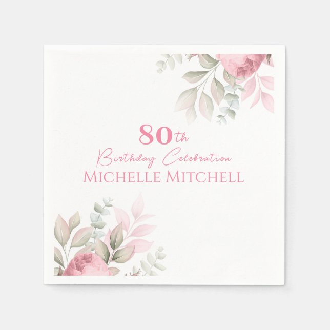 Modern Custom 80. Geburtstag Pink Floral Serviette (Vorderseite)