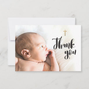 Modern Custom Baby Boy Foto Gold Cross Dankeskarte