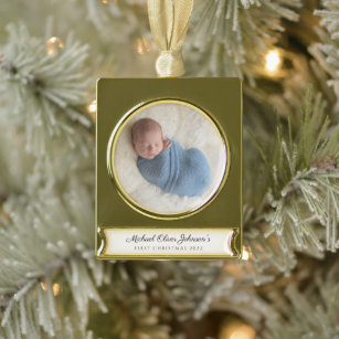 Modern Custom Baby First Christmas Foto Banner-Ornament Gold