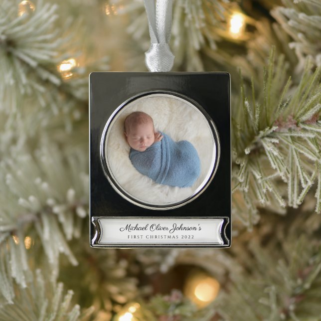 Modern Custom Baby First Christmas Foto Banner-Ornament Silber (Baum)